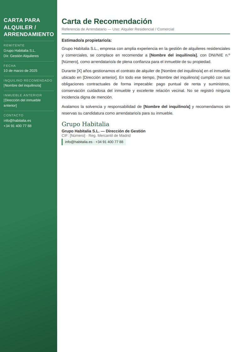 Plantilla moderna de carta de recomendación para alquiler con panel lateral verde y datos de empresa gestora de arrendamientos organizados