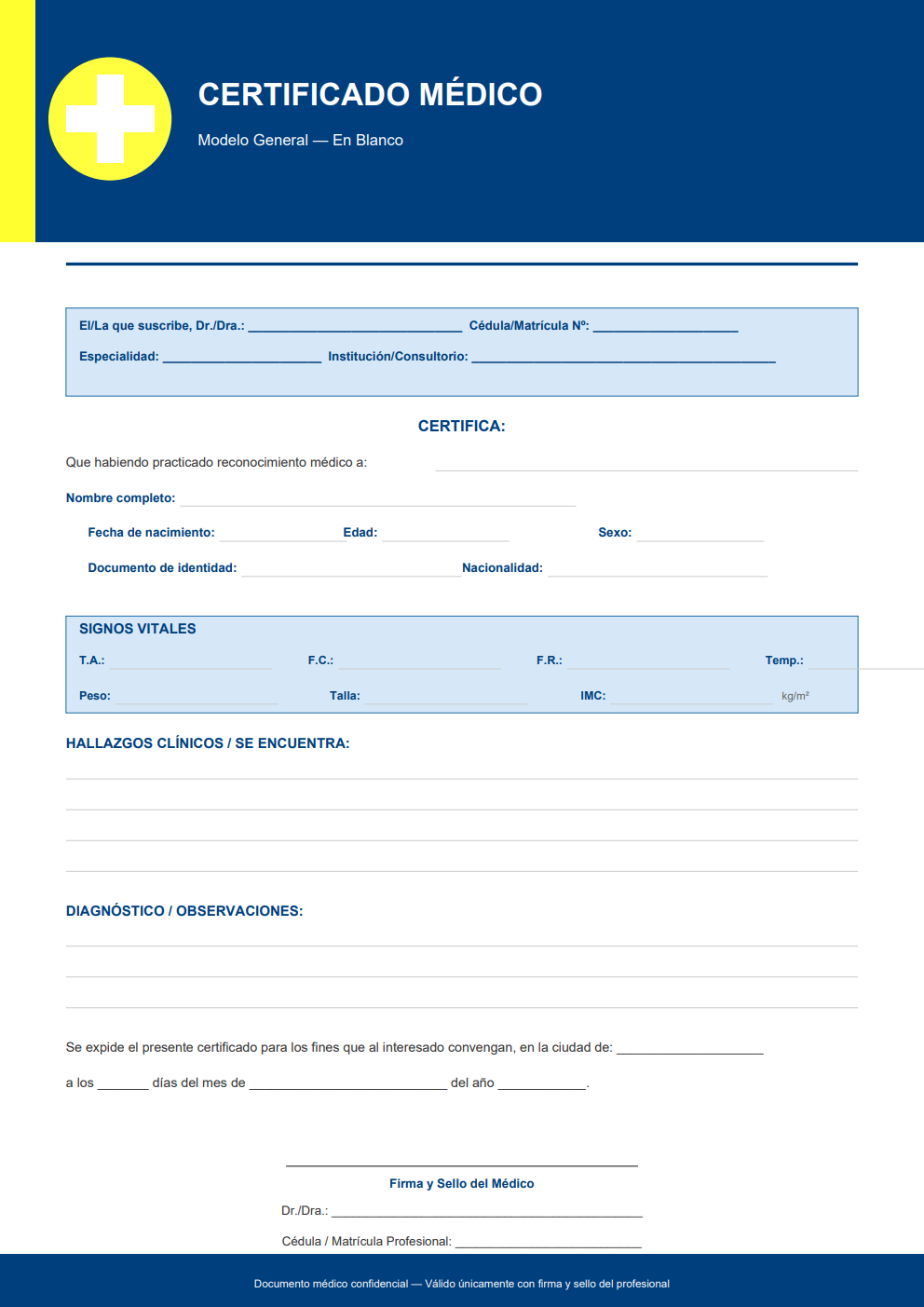 Certificado médico general en blanco — diseño institucional azul con tabla de signos vitales