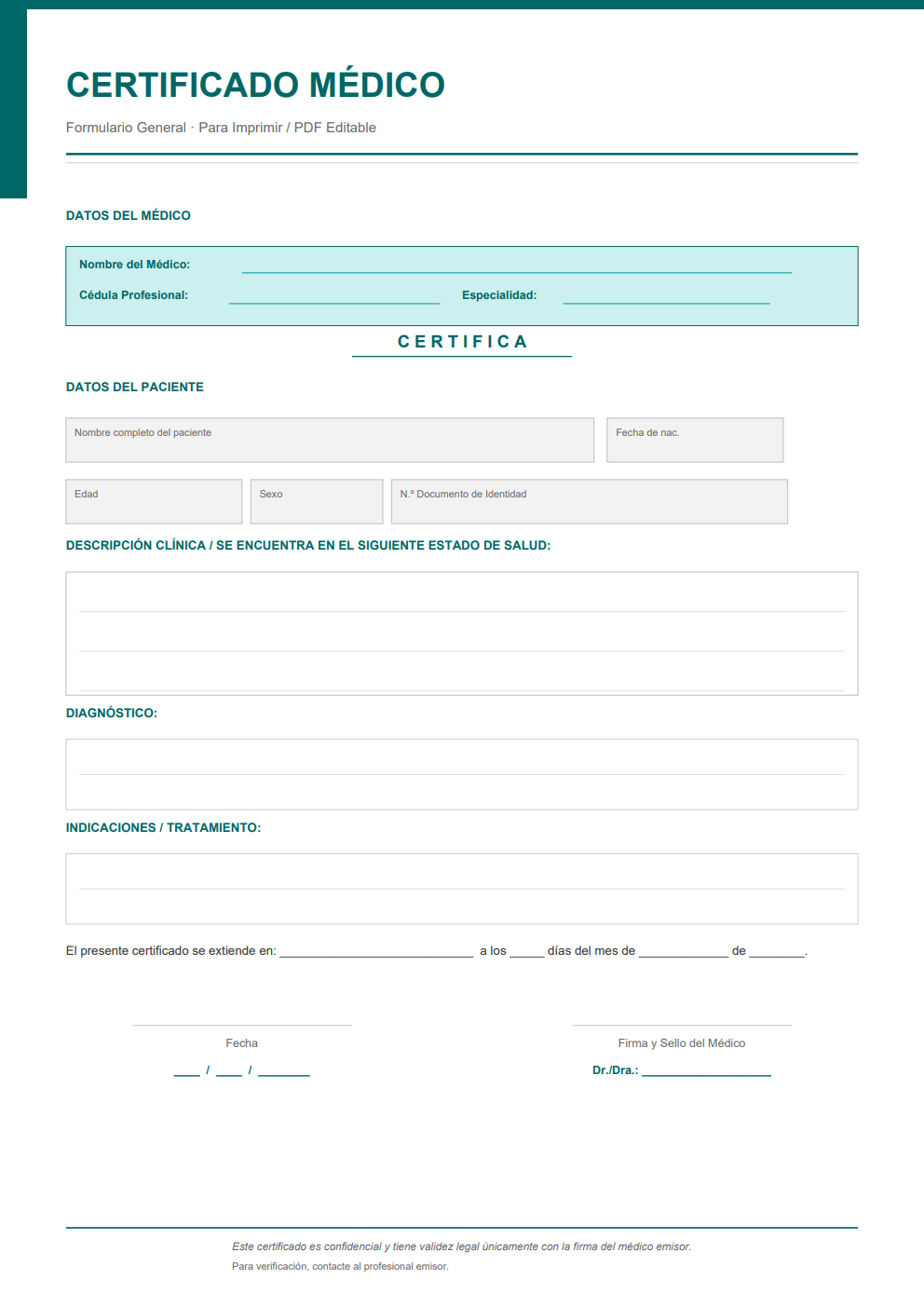Formulario certificado médico general con campos tipo caja editables — estilo minimalista verde azulado