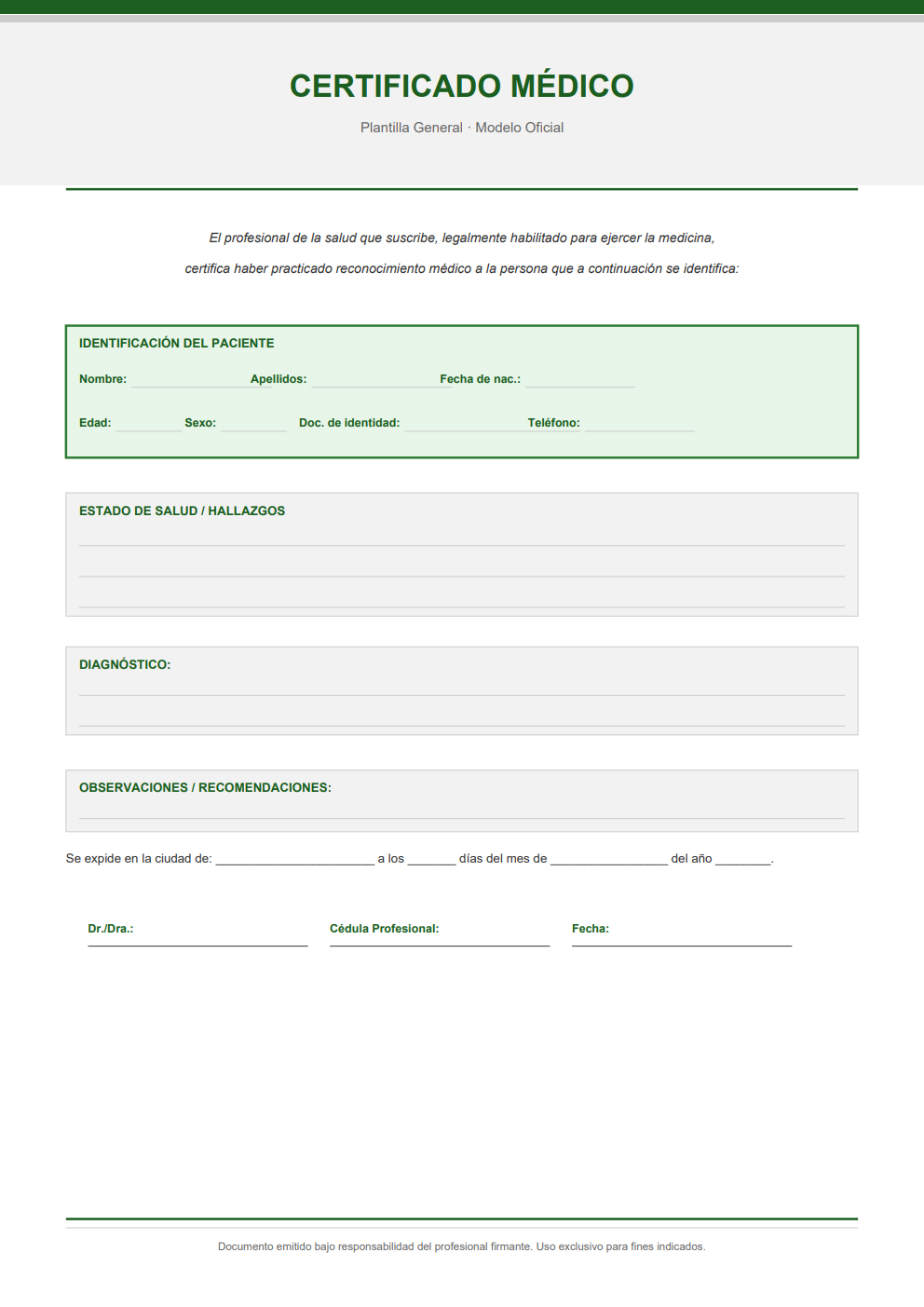 Plantilla certificado médico general con secciones diferenciadas en color verde — formato estructurado para imprimir