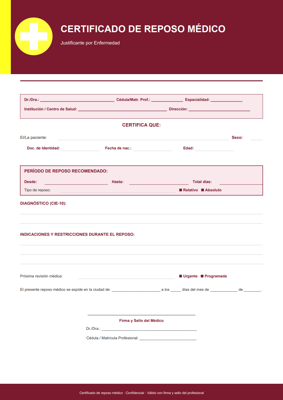 Certificado de reposo médico por enfermedad con bloque de período destacado en color burdeos — incluye tipo de reposo y próxima revisión