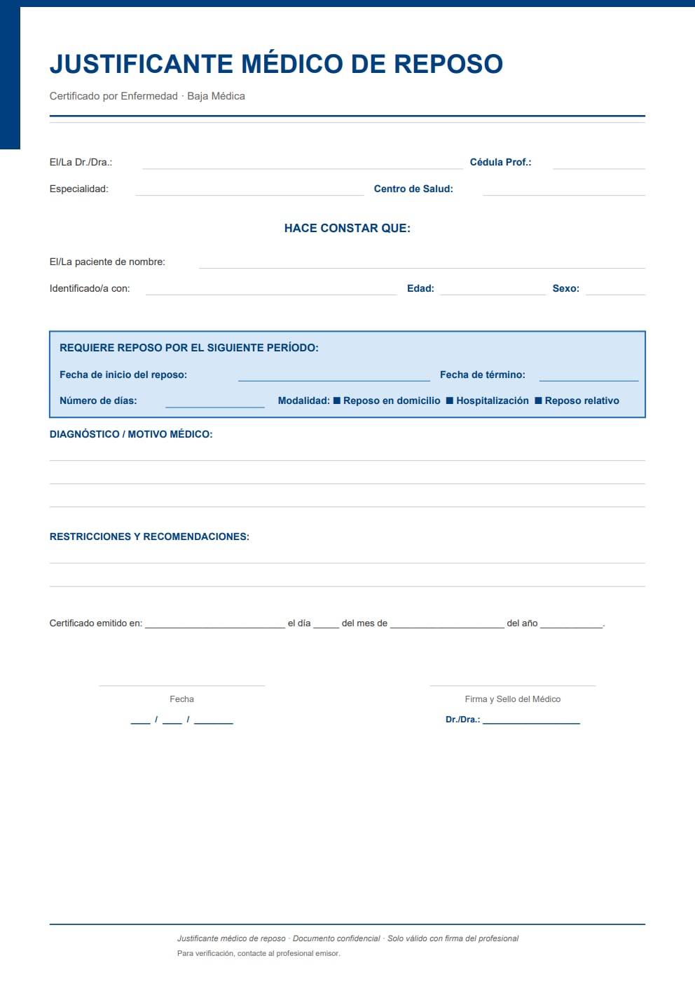 Justificante médico de reposo por enfermedad — diseño azul minimalista con casillas de modalidad de reincorporación
