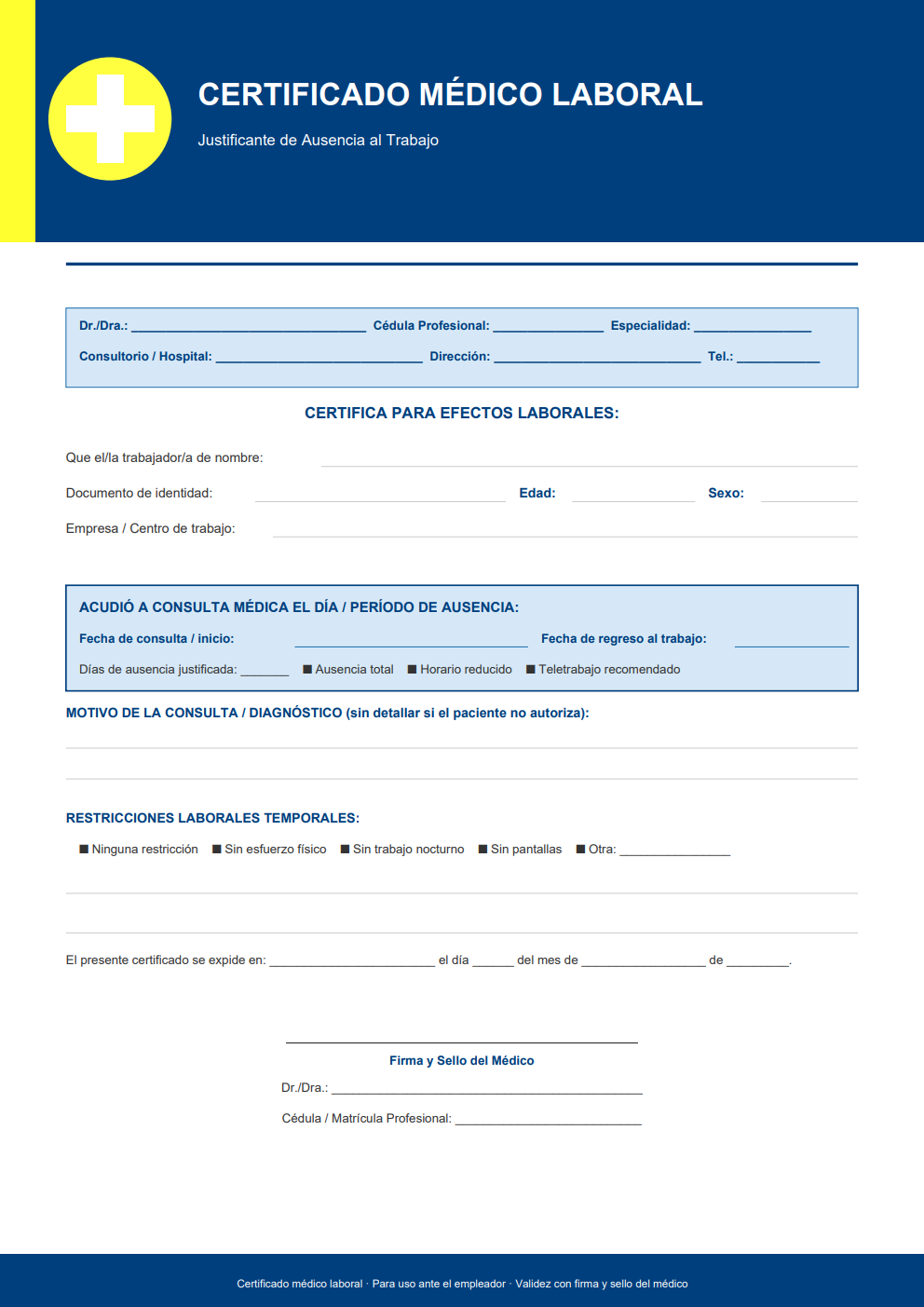 Certificado médico laboral para el trabajo — diseño azul institucional con campo de empresa, período de ausencia y restricciones laborales