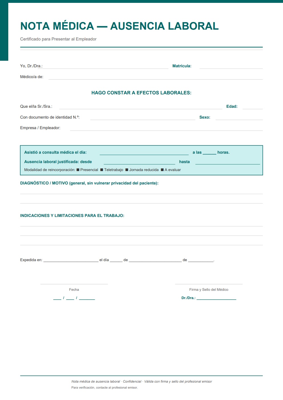 Nota médica de ausencia laboral — estilo verde azulado minimalista con modalidad de reincorporación (presencial, teletrabajo, jornada reducida)