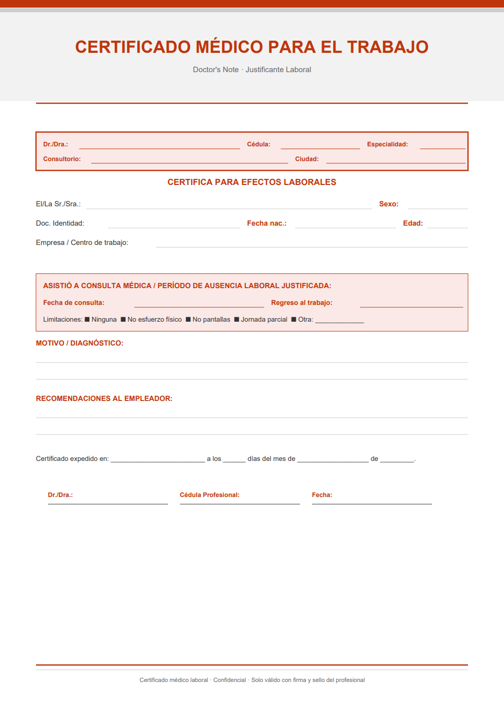 Doctor's note para trabajo en español — diseño naranja estructurado con campo de recomendaciones al empleador y restricciones funcionales
