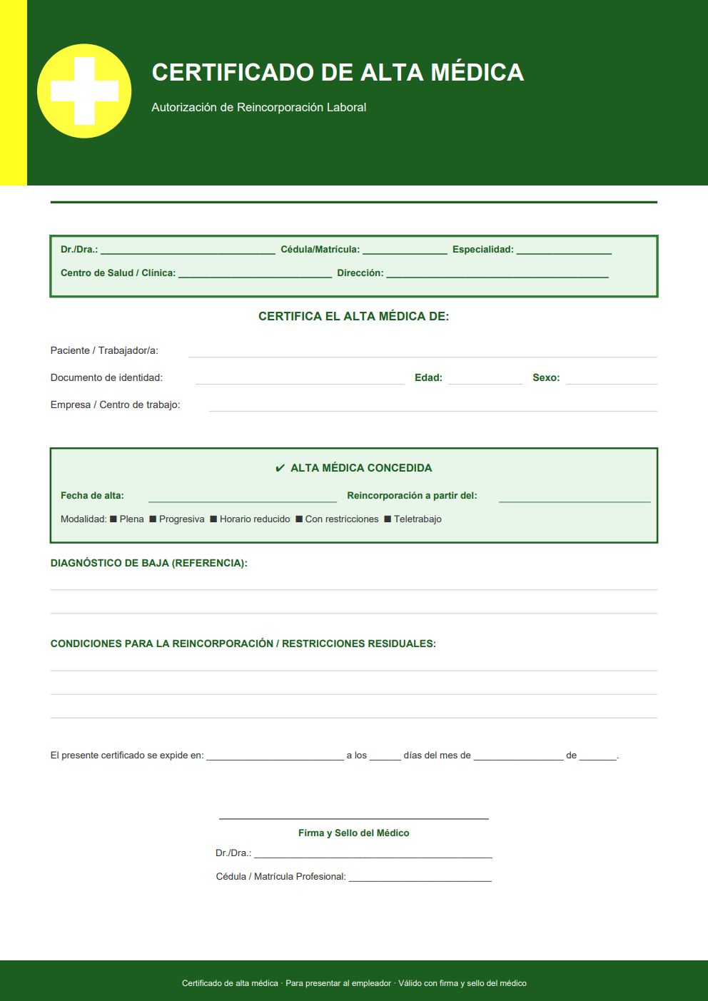 Certificado de alta médica con confirmación de reincorporación laboral — diseño verde con caja de alta destacada y modalidades de regreso al trabajo