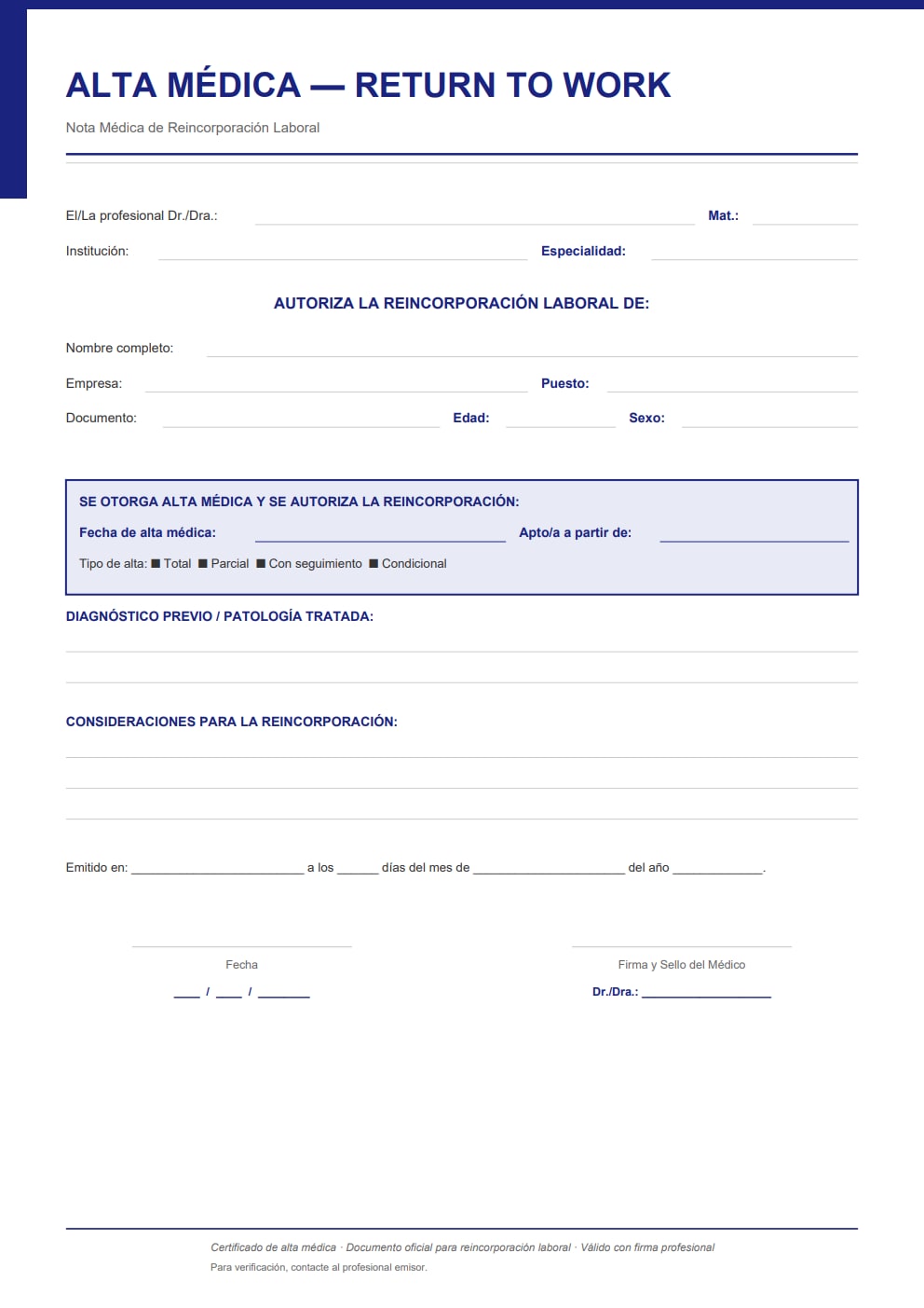 Nota médica de reincorporación laboral — return to work doctor's note en español con casillas de tipo de alta y campo de puesto de trabajo
