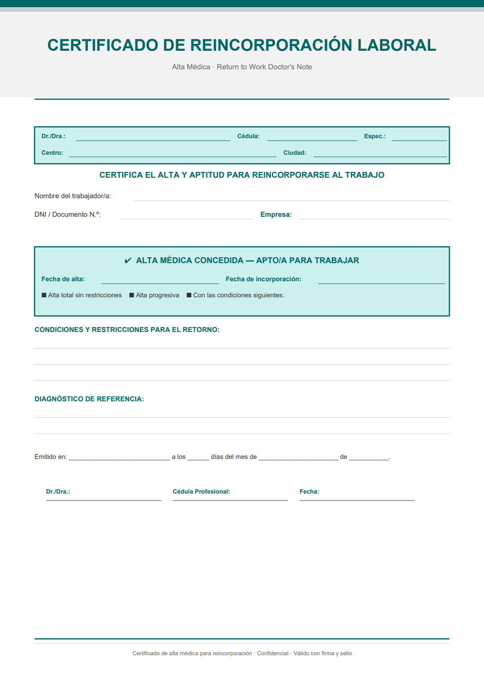 Certificado de alta médica apto para trabajar — diseño teal estructurado con confirmación APTO/A y condiciones de retorno al puesto