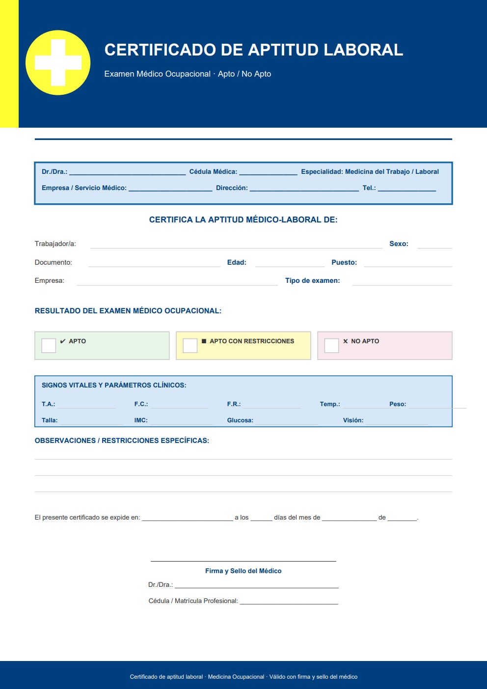 Certificado de aptitud laboral apto no apto — diseño azul con tres casillas de dictamen y tabla de signos vitales para medicina del trabajo