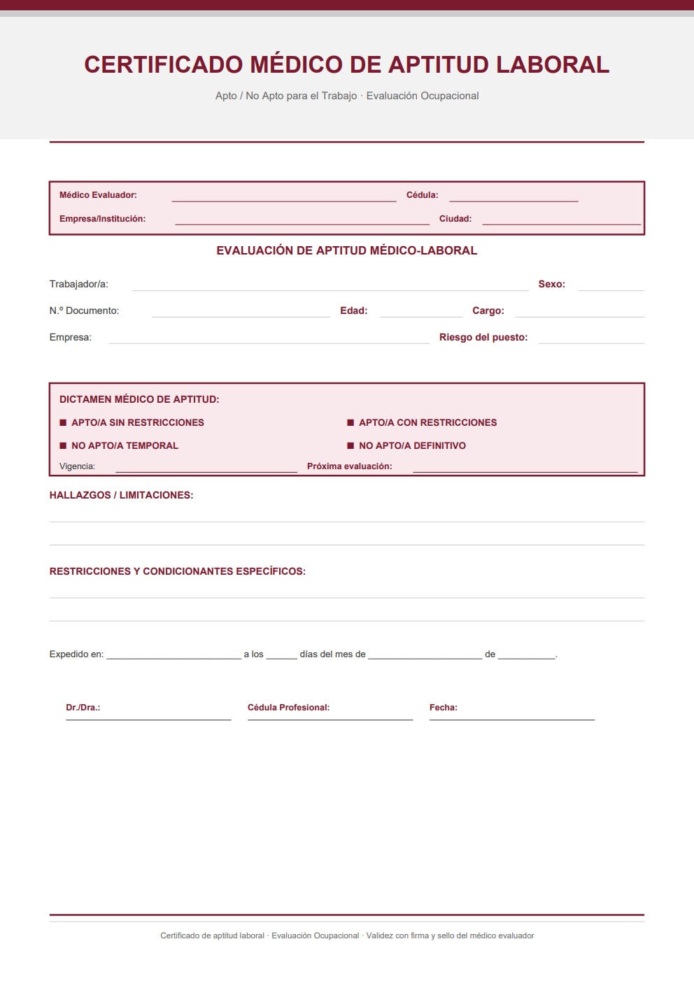 Evaluación de aptitud médico-laboral con cuatro niveles de dictamen — diseño burdeos con riesgo del puesto y restricciones específicas