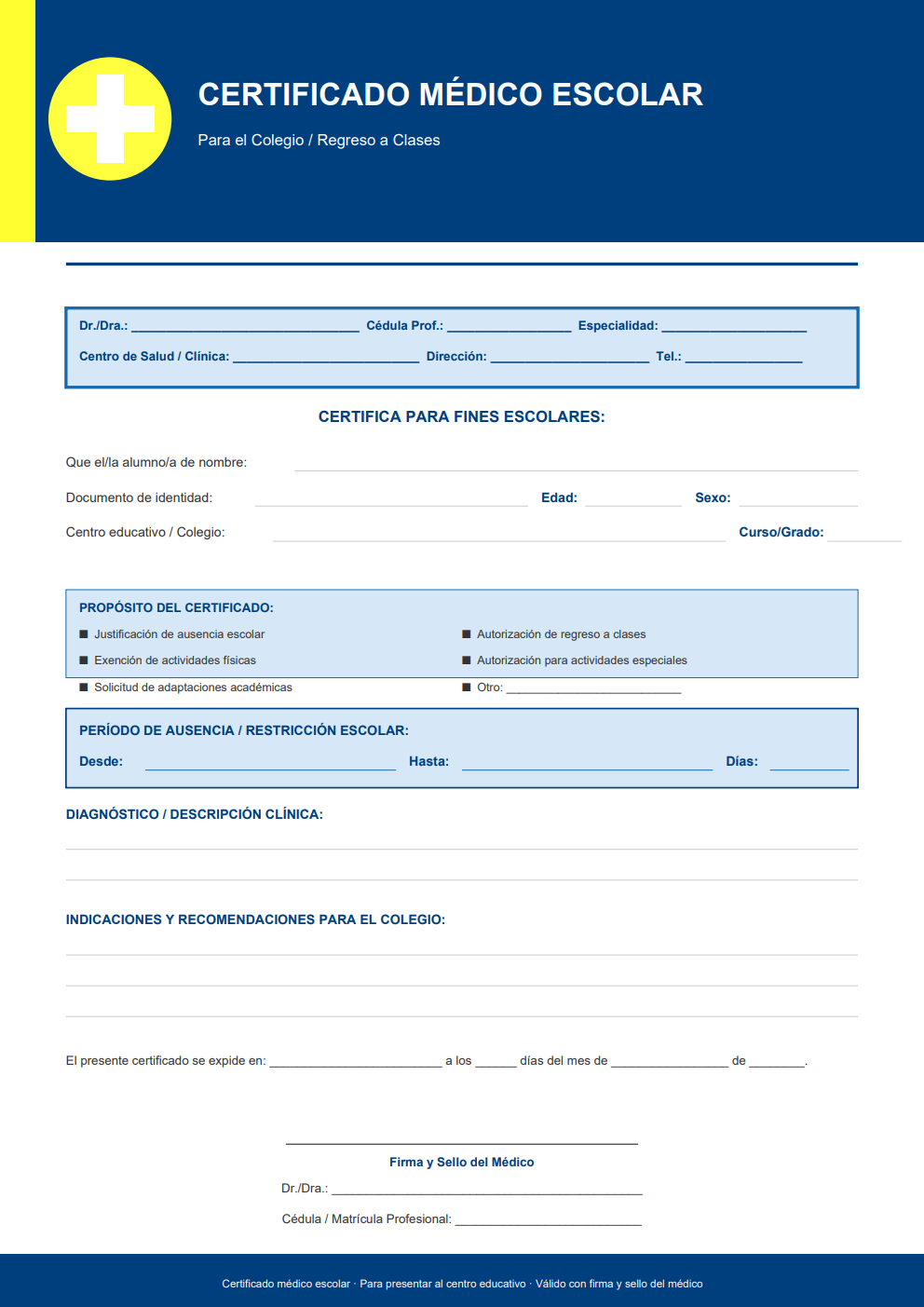 Certificado médico escolar para el colegio — diseño azul con 6 casillas de finalidad (ausencia, regreso, exención Ed. Física) y período de restricción