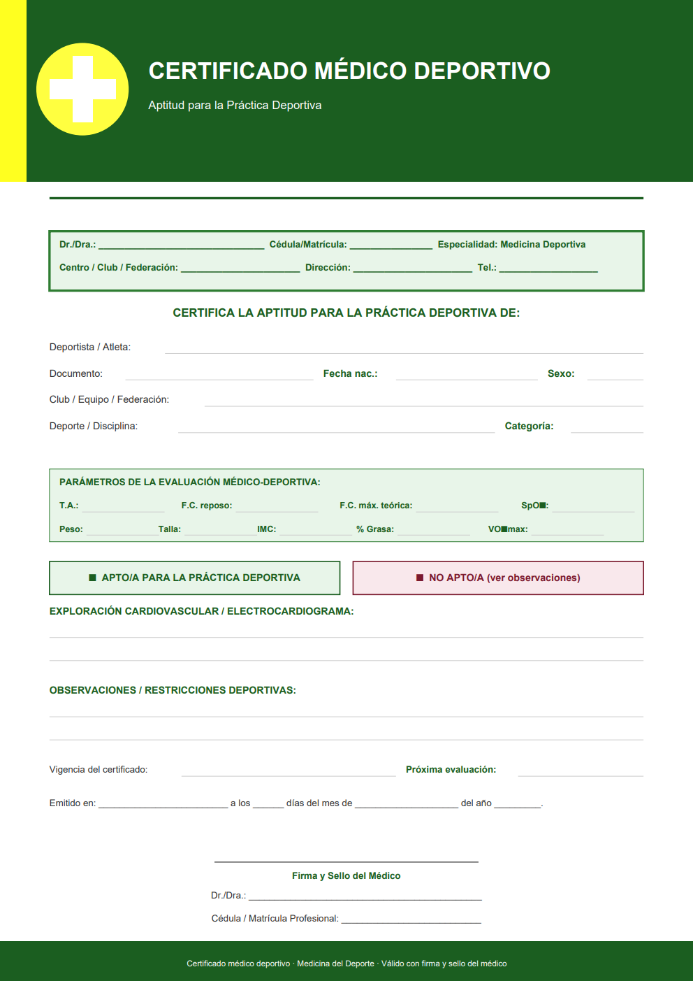 Certificado médico deportivo apto para deporte — diseño verde con tabla de parámetros (VO₂max, SpO₂, % grasa) y bloque de dictamen