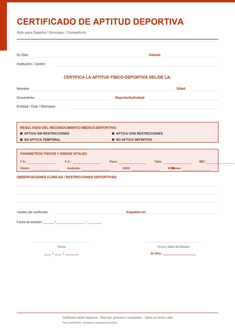 Certificado de aptitud deportiva para gimnasio y competición — diseño naranja con parámetros de visión, audición y EKG