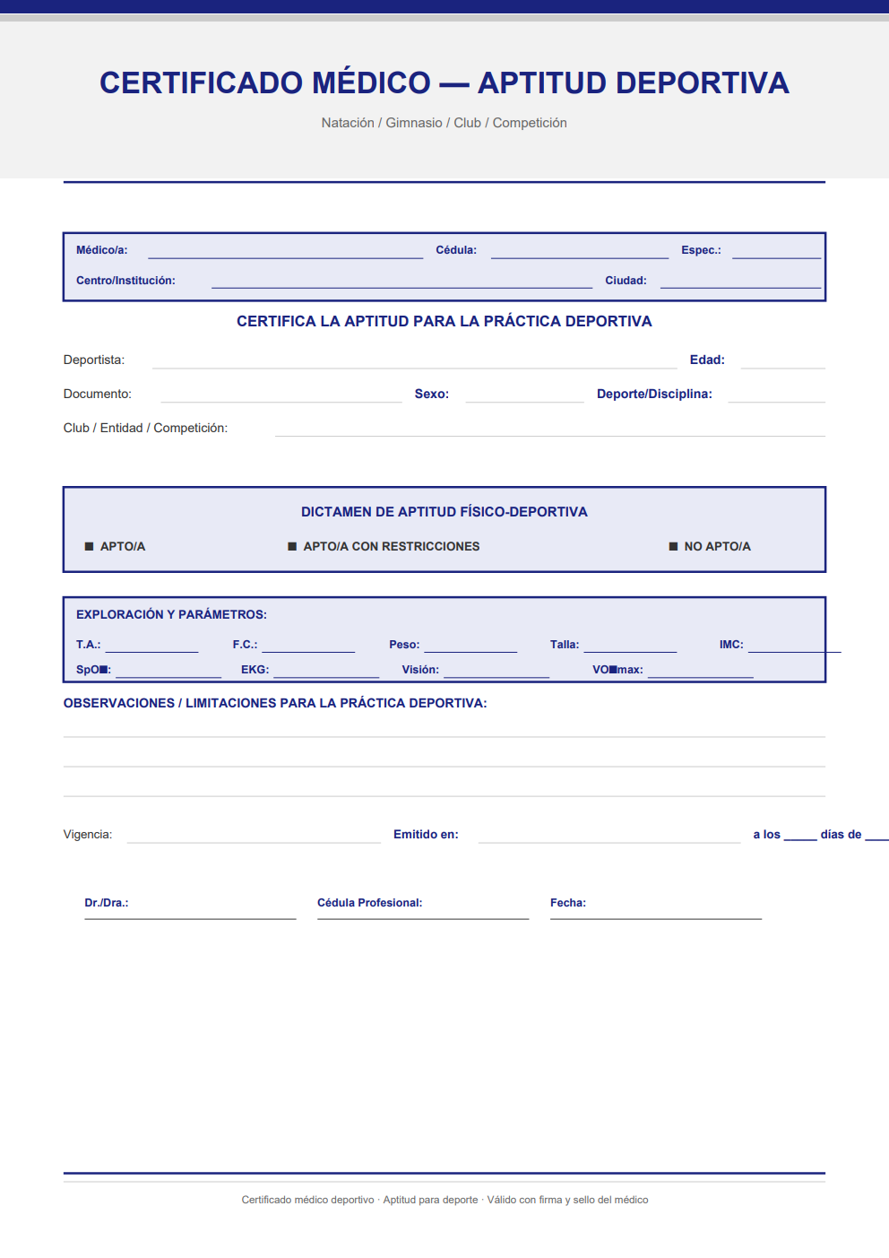 Certificado médico de aptitud deportiva para natación y federación — diseño azul marino con vigencia, campo de categoría y restricciones deportivas