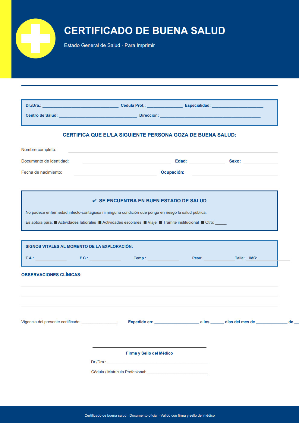 Certificado de buena salud general para imprimir — diseño azul con caja de confirmación y casillas de finalidad (laboral, escolar, viaje, trámite)