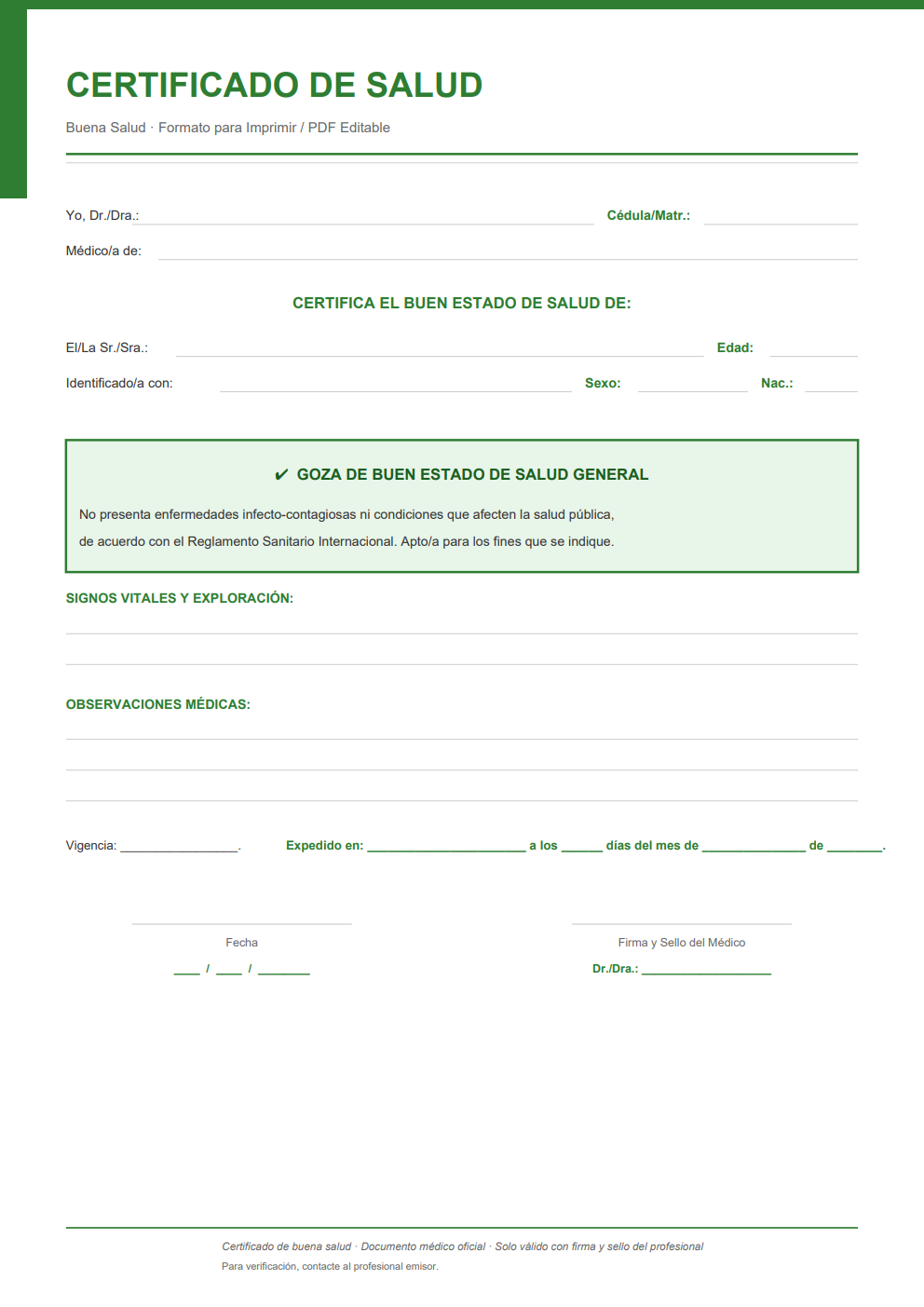 Certificado de salud en buenas condiciones PDF — diseño verde con confirmación RSI y sección de observaciones médicas
