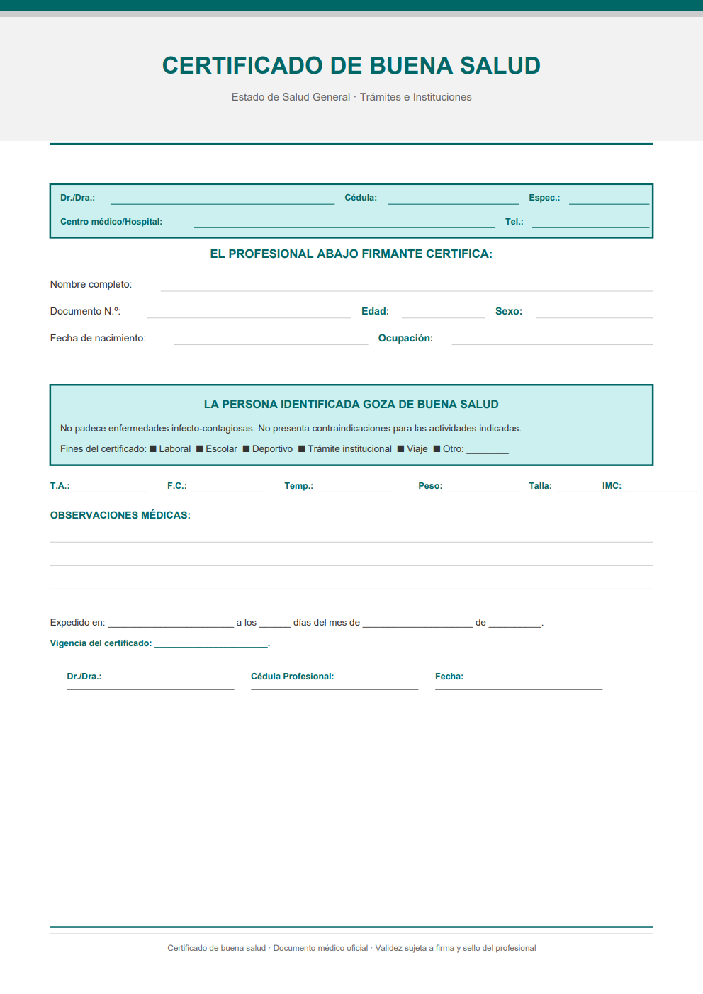 Plantilla certificado de buena salud para trámites e instituciones — diseño teal con tabla de signos vitales y campo de vigencia del certificado