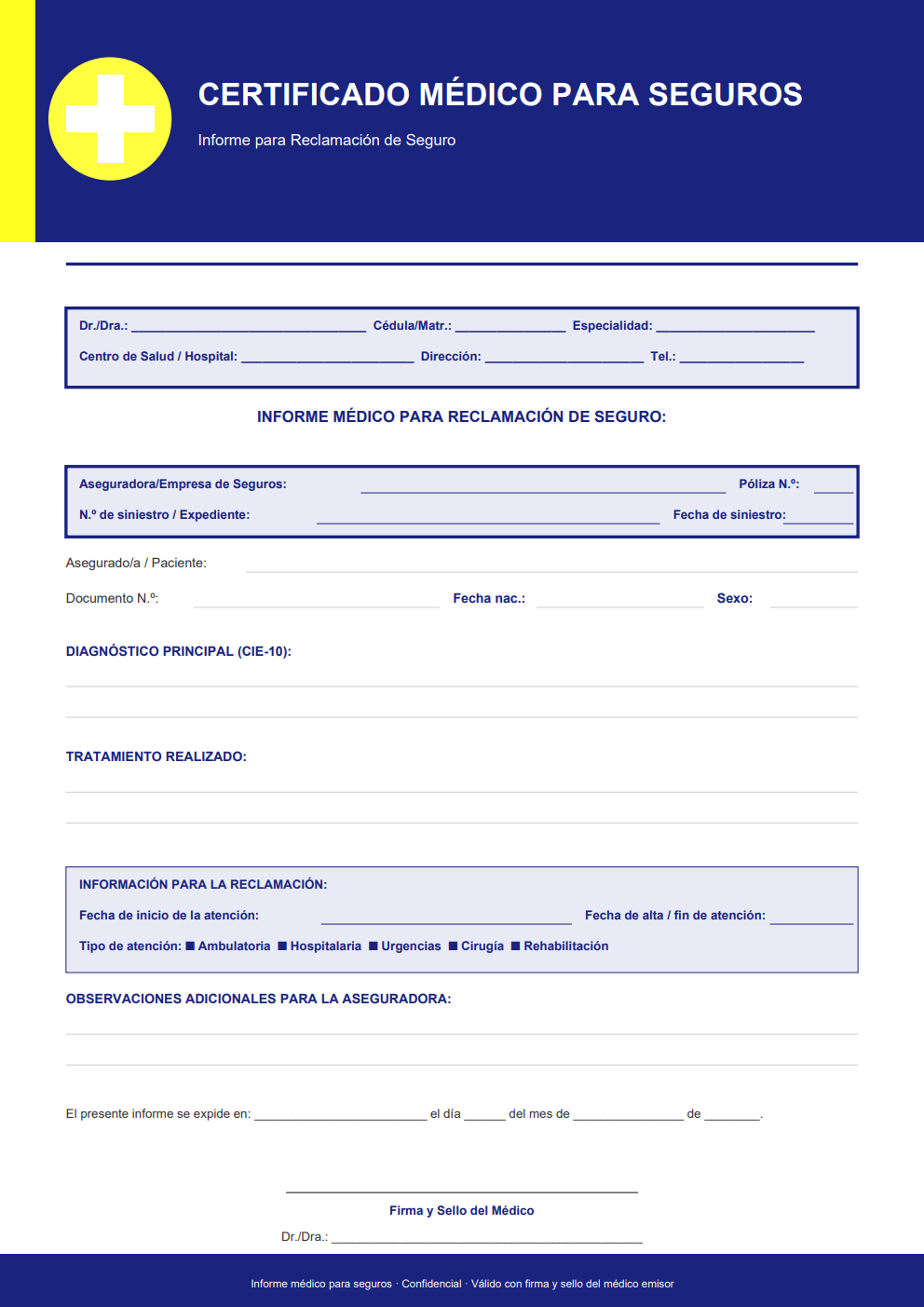Certificado médico para reclamación de seguro — diseño azul marino con bloque de datos de póliza (aseguradora, número póliza, número siniestro) y diagnóstico CIE-10