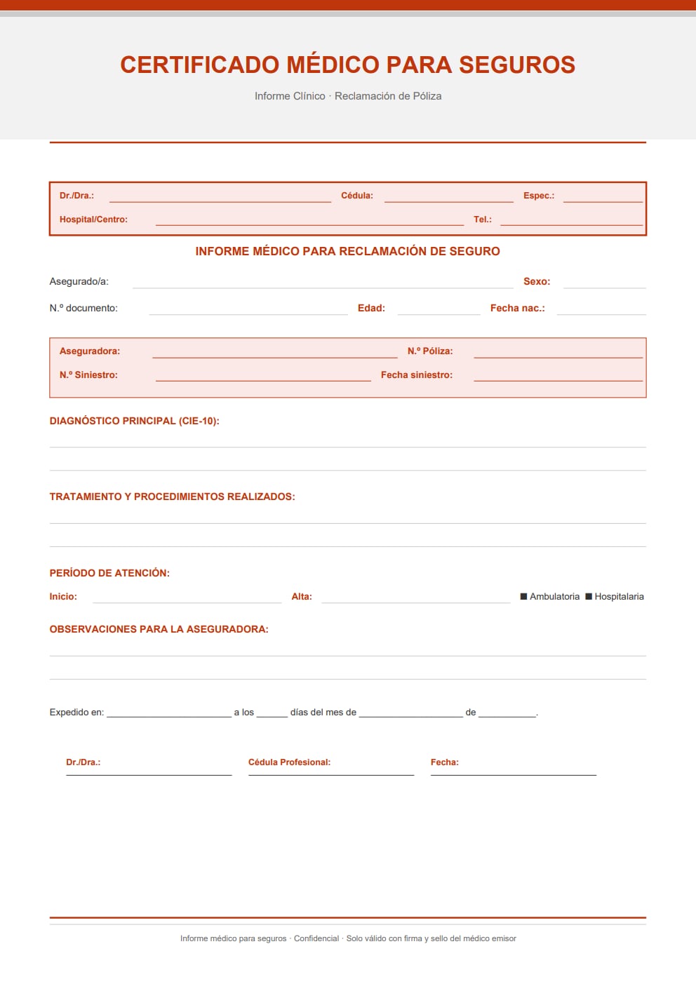 Certificado médico de reclamación de póliza de seguro — diseño naranja con bloque de datos del seguro separado de la sección clínica
