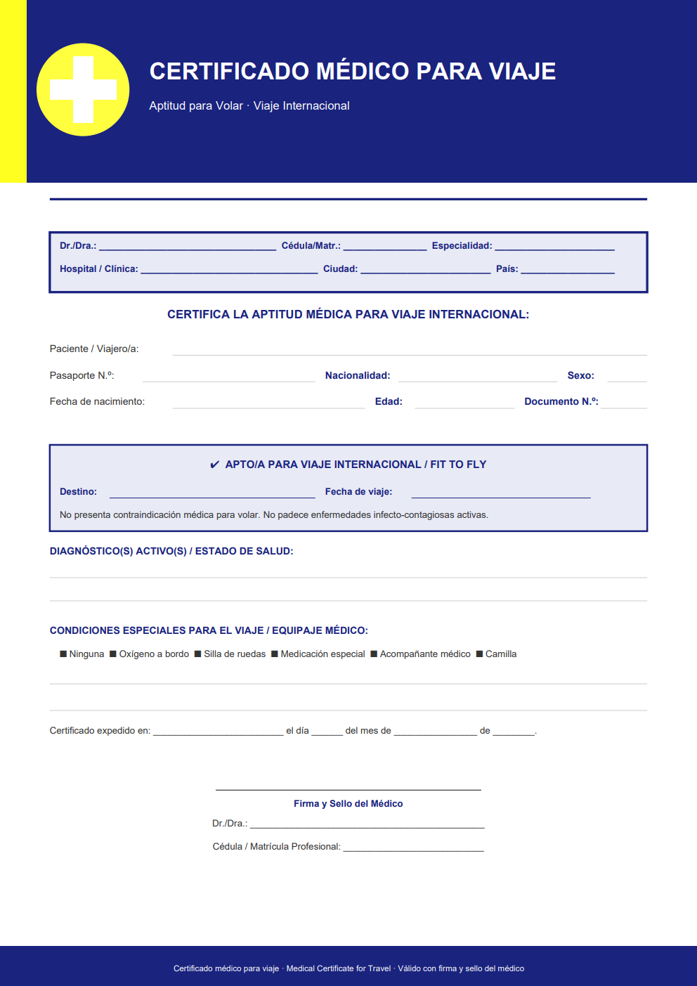 Certificado médico para viaje internacional — diseño azul marino con bloque Apto para Volar y campo de destino y fecha de vuelo
