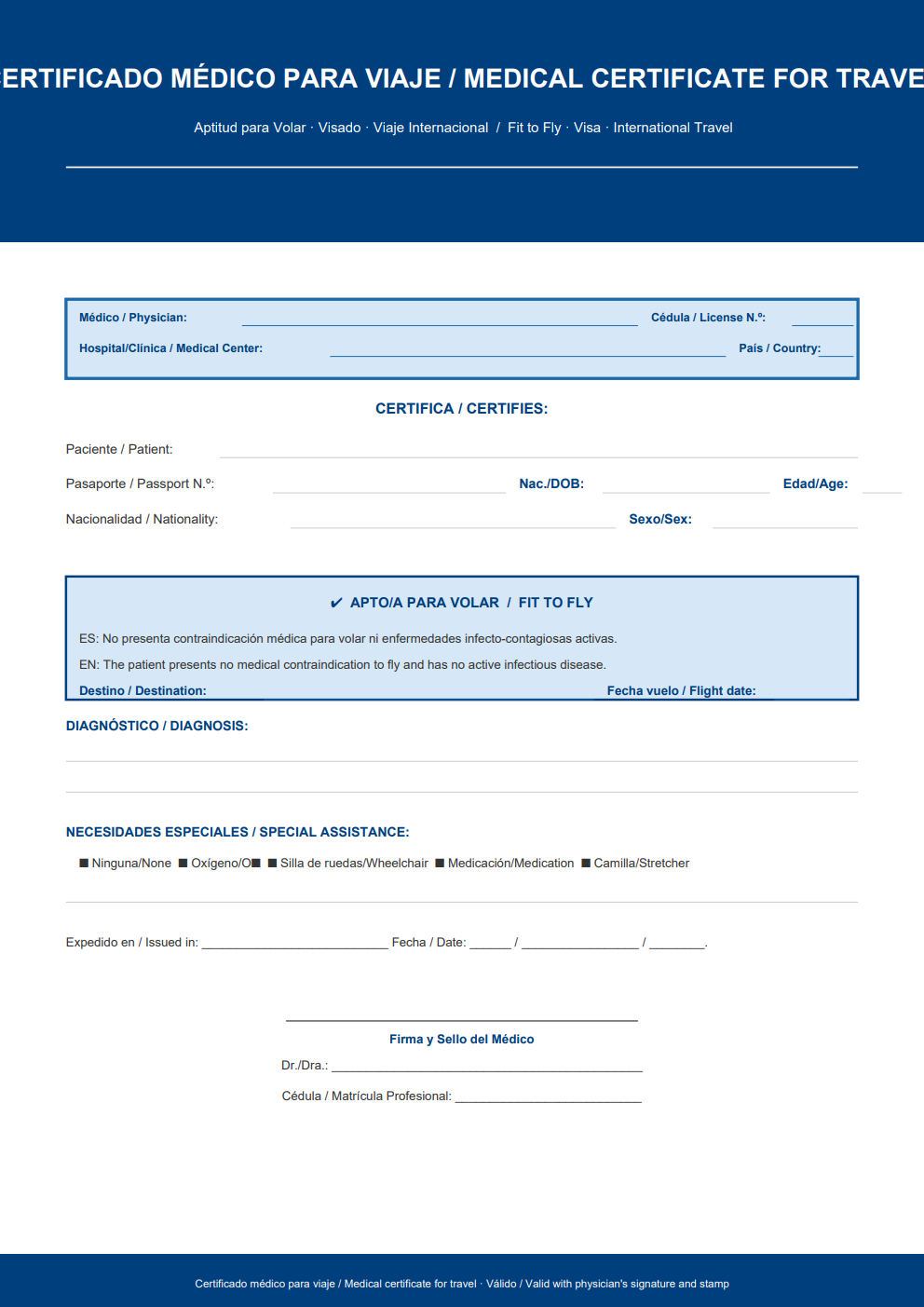 Certificado médico bilingüe para viaje Fit to Fly en español e inglés — para visado y vuelos internacionales