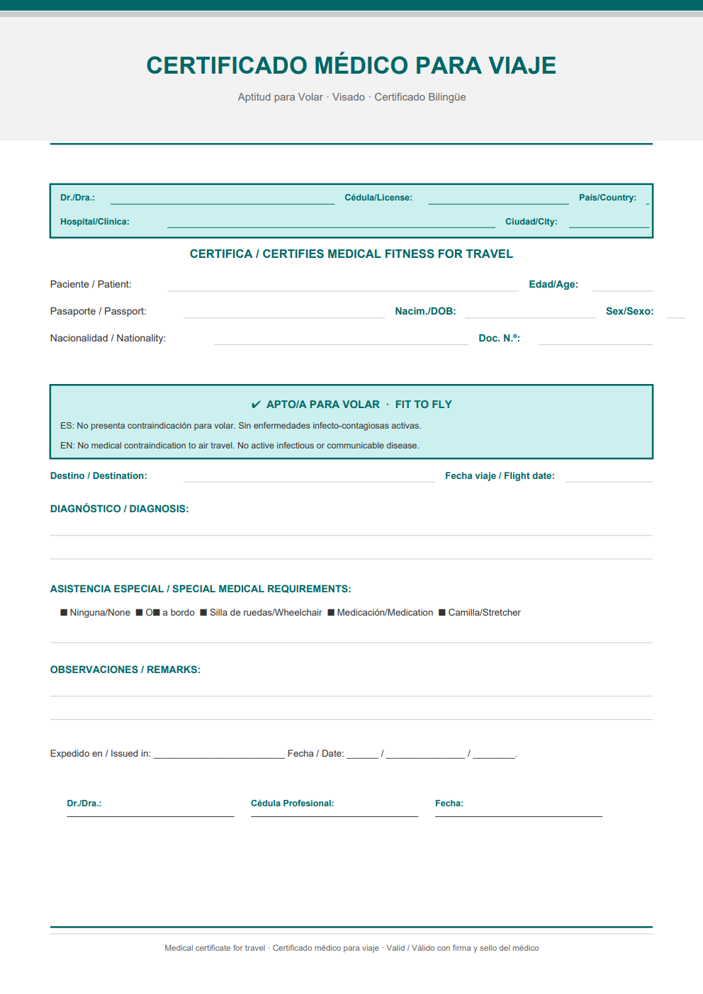 Plantilla certificado médico bilingüe para volar y visado — diseño teal con Medical Requirements y campos ES/EN para aerolínea y consulado