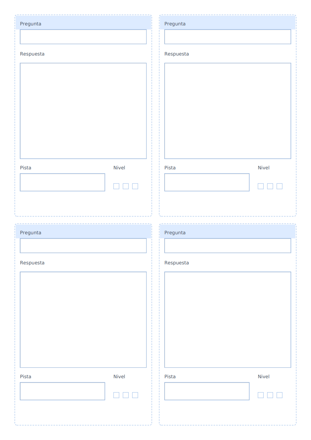 Flashcards editables pregunta respuesta A4