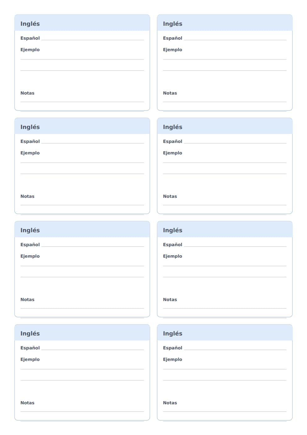 Flashcards de inglés español vocabulario A4