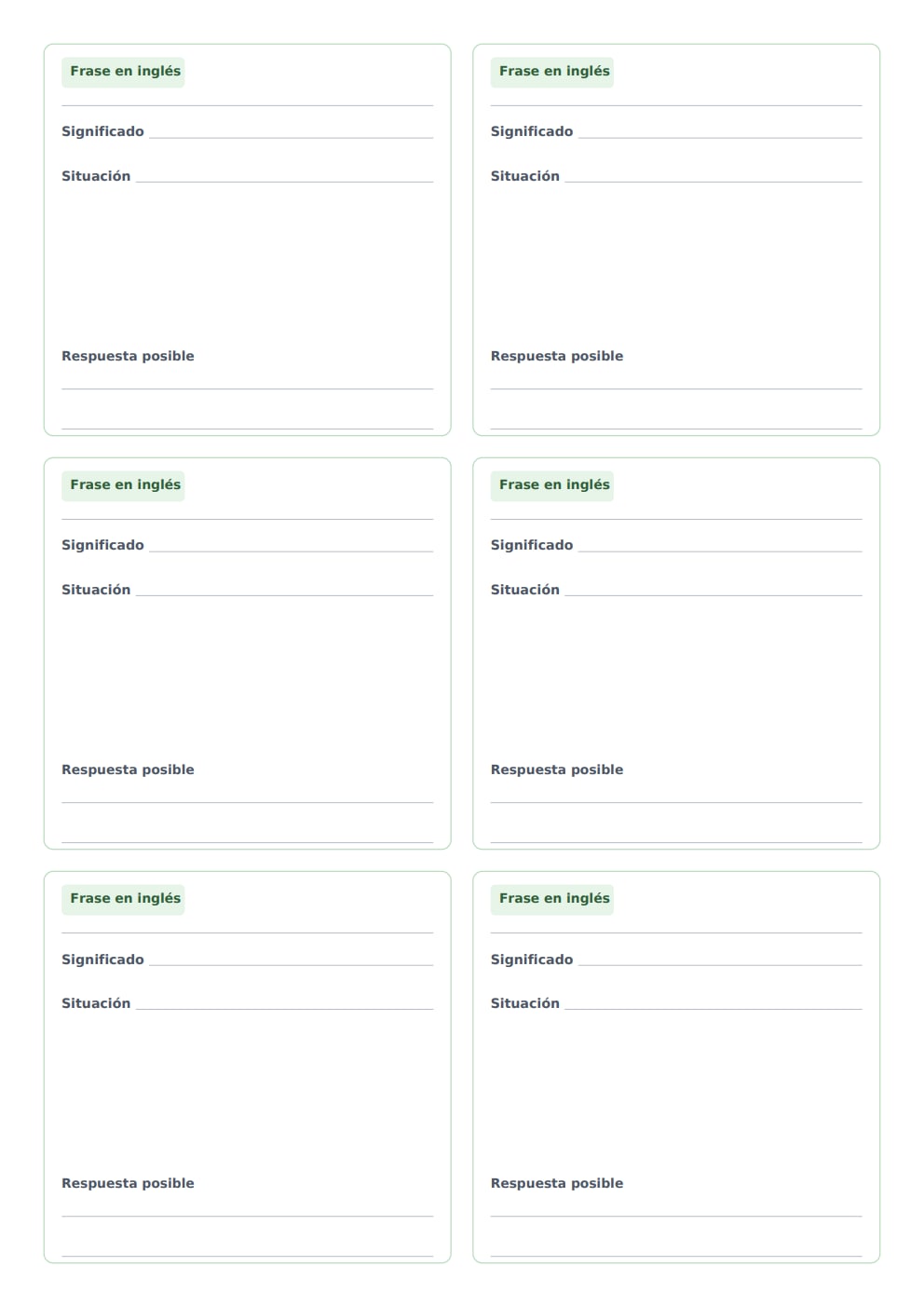 Flashcards de frases útiles en inglés A4