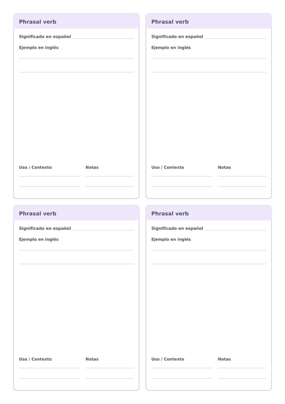 Flashcards de phrasal verbs en inglés A4