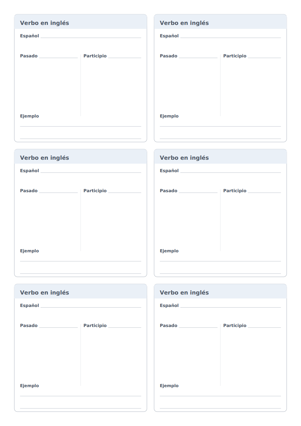 Flashcards de verbos en inglés A4