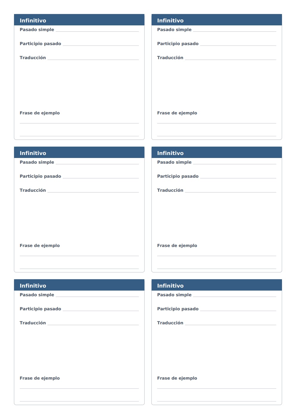 Flashcards de verbos irregulares en inglés A4