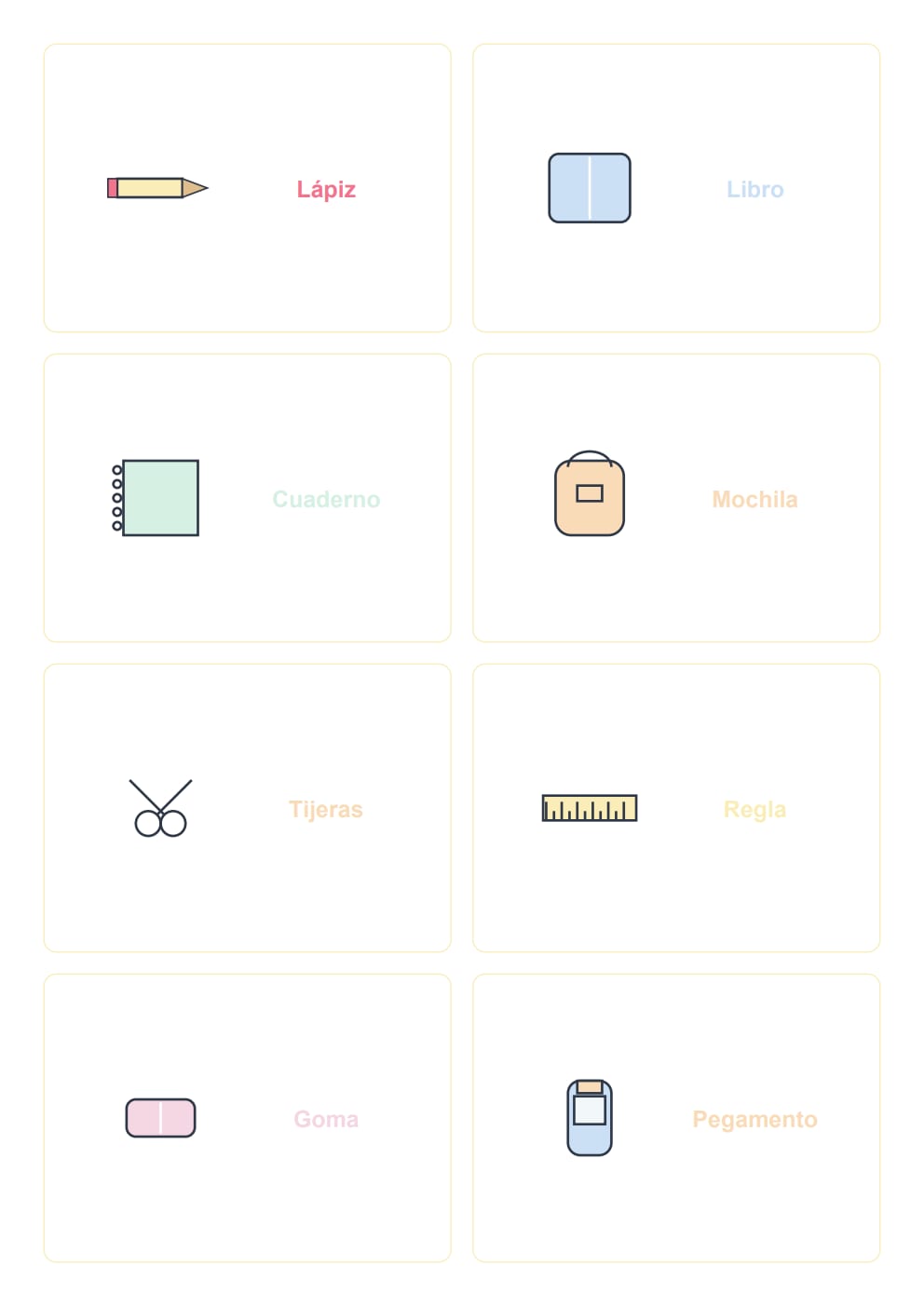 Flashcards de objetos de clase para niños