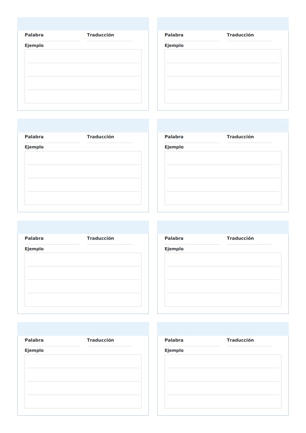 Flashcards de vocabulario palabra traducción A4