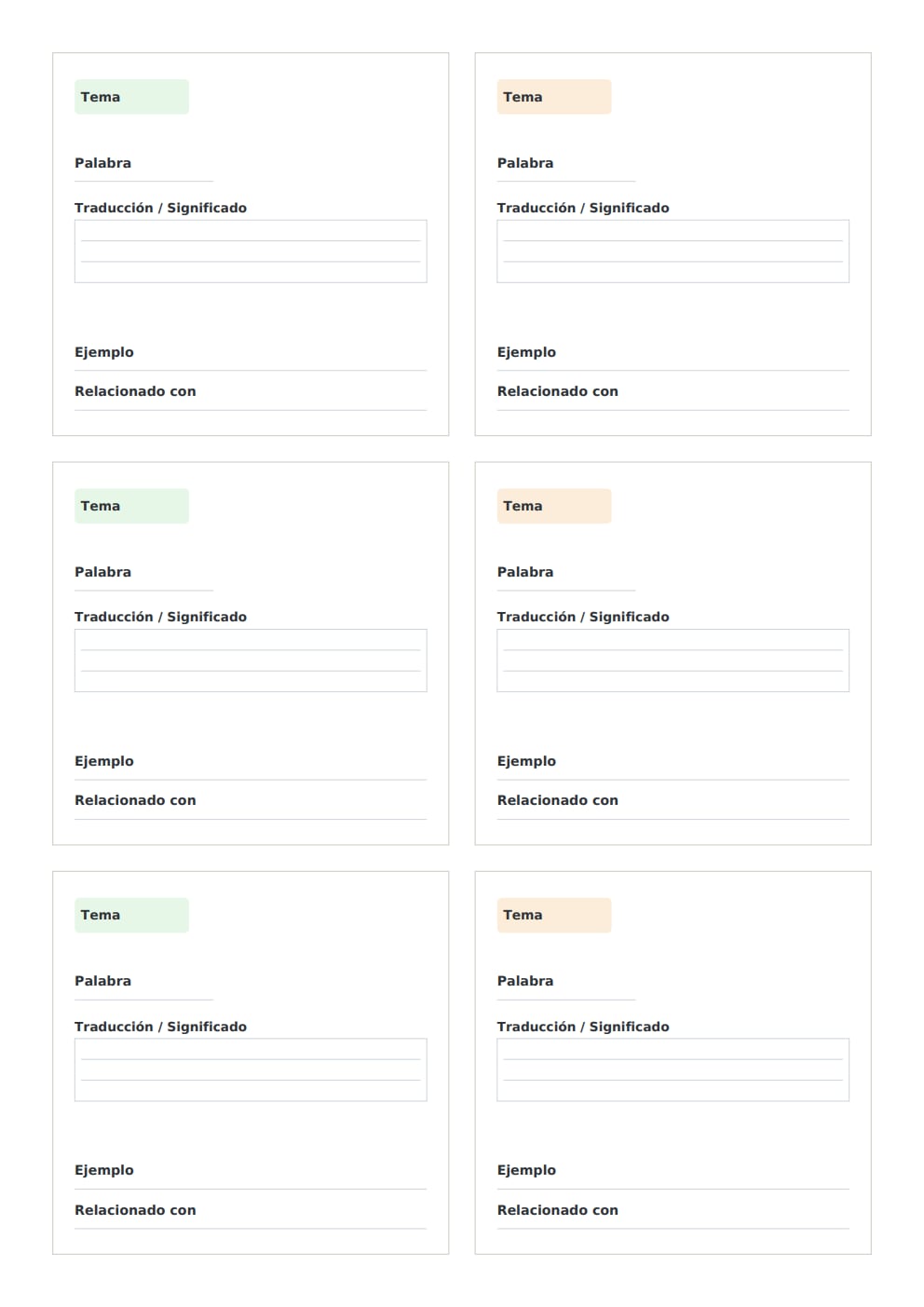 Flashcards de vocabulario por temas A4
