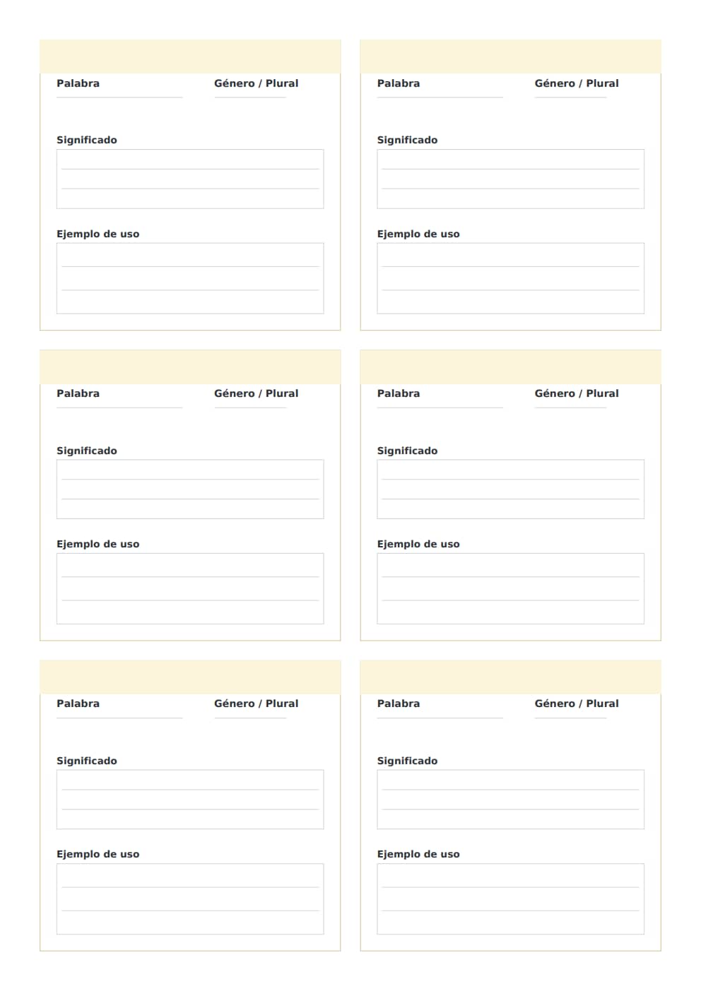 Tarjetas de vocabulario español A4