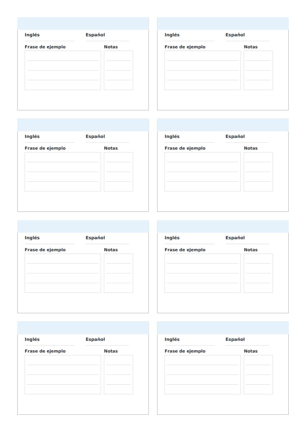 Tarjetas de vocabulario inglés español A4