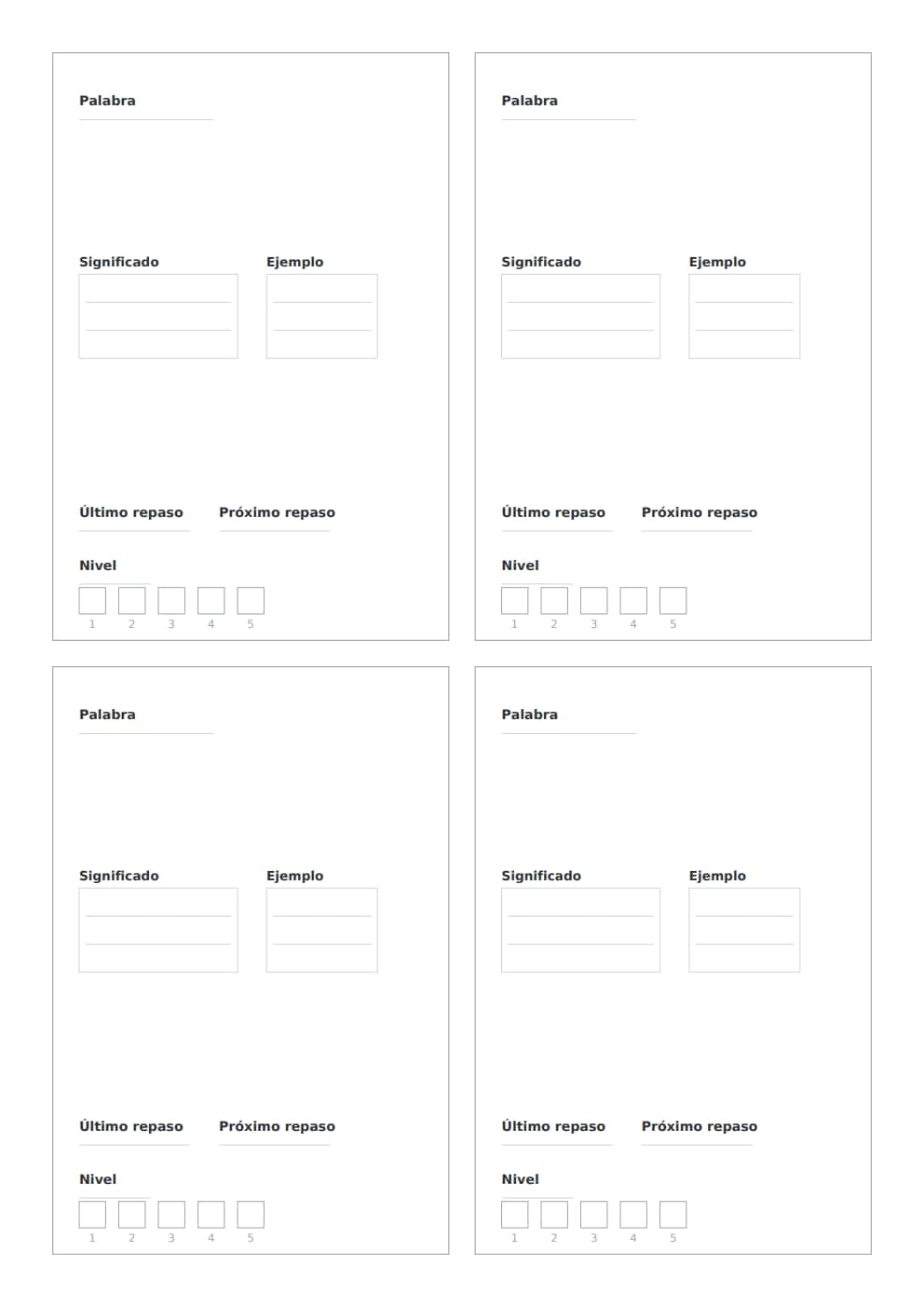 Tarjetas de vocabulario para repaso espaciado A4