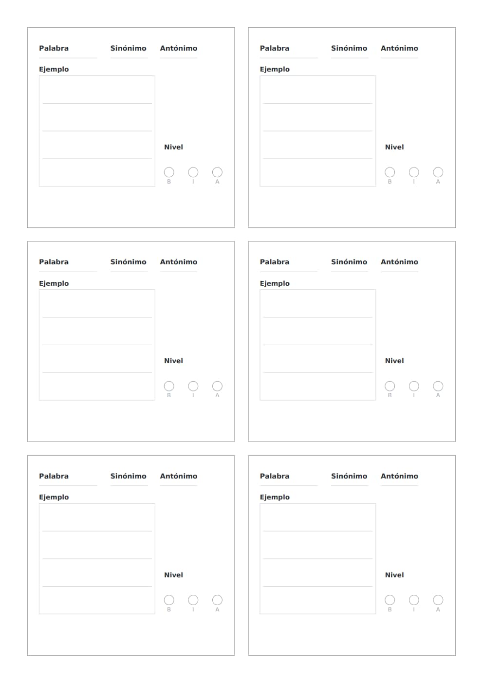Tarjetas de vocabulario de sinónimos y antónimos A4