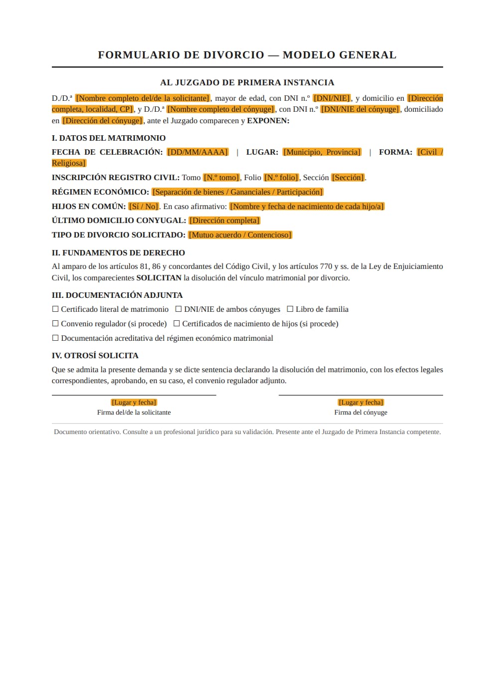 Formulario de divorcio modelo general estilo clásico judicial PDF