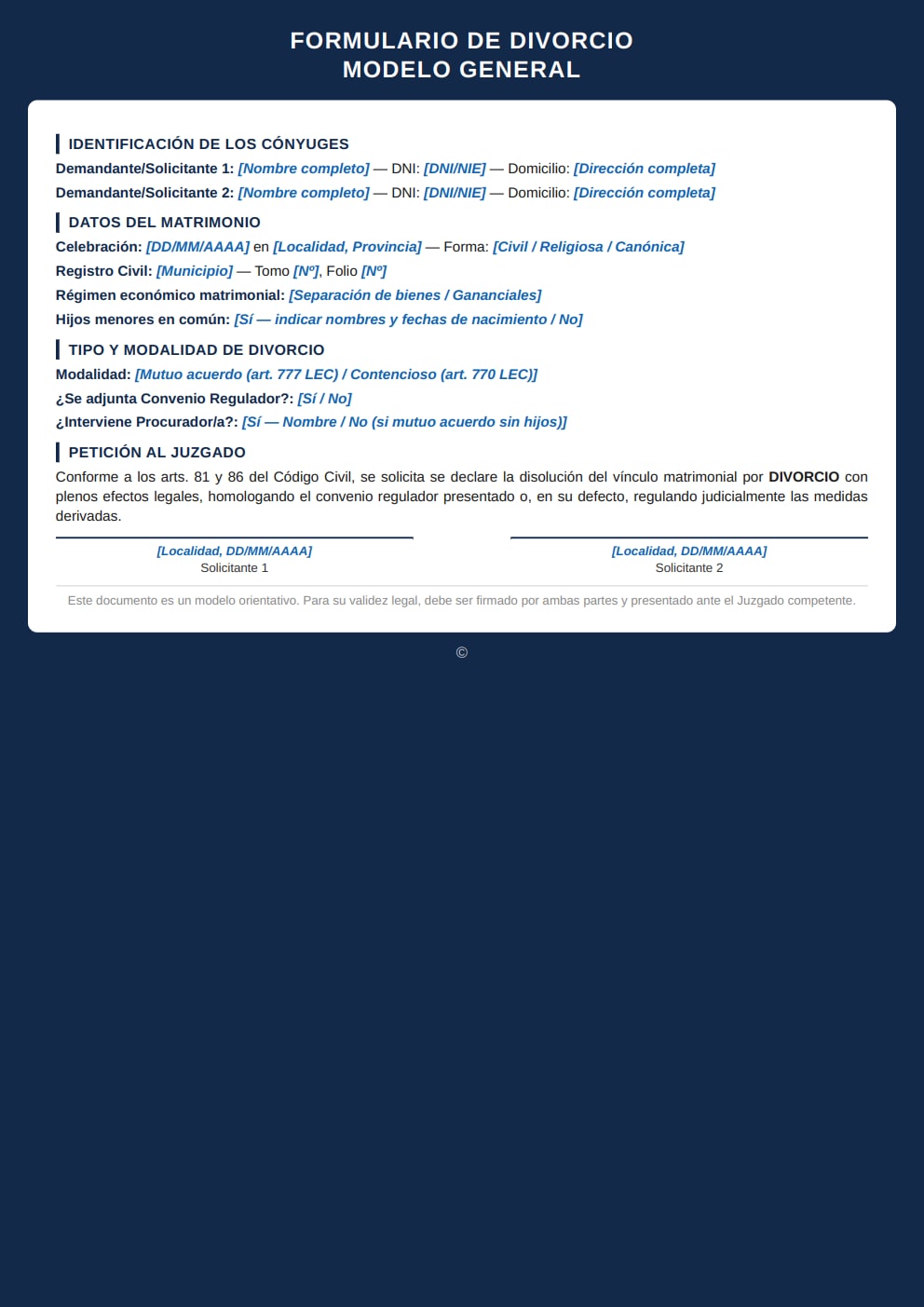 Formulario de divorcio modelo general estilo moderno bicolor PDF