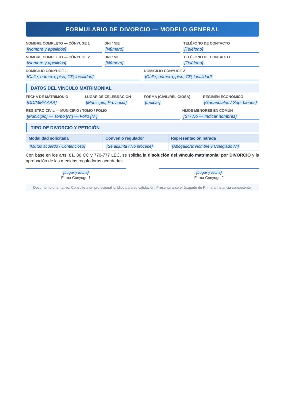 Formulario de divorcio modelo general estilo profesional con campos de formulario PDF
