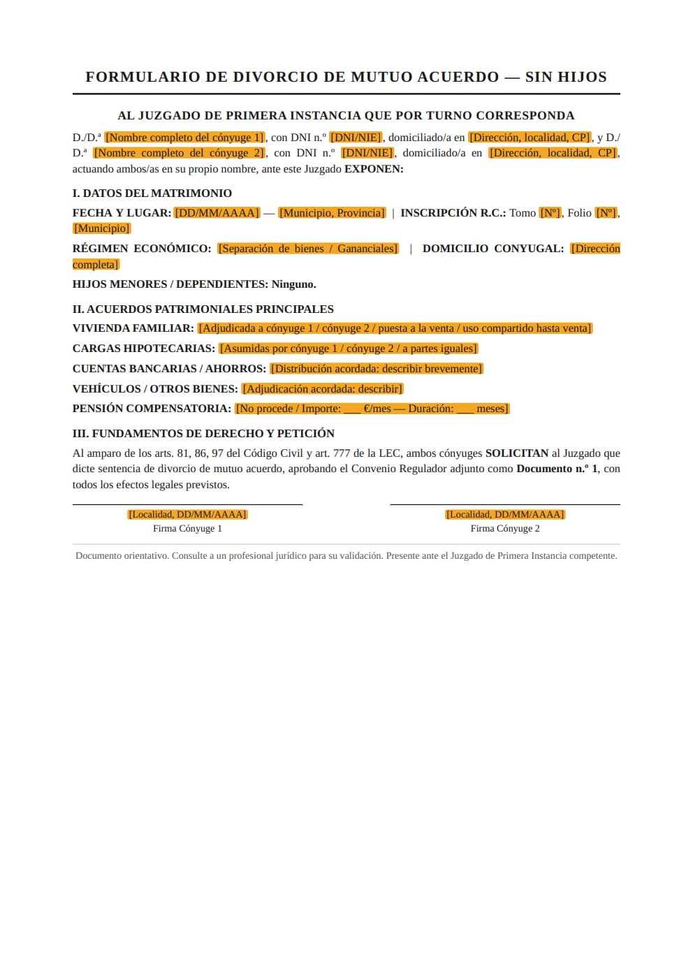 Plantilla divorcio mutuo acuerdo sin hijos estilo clásico judicial con marcadores naranja PDF