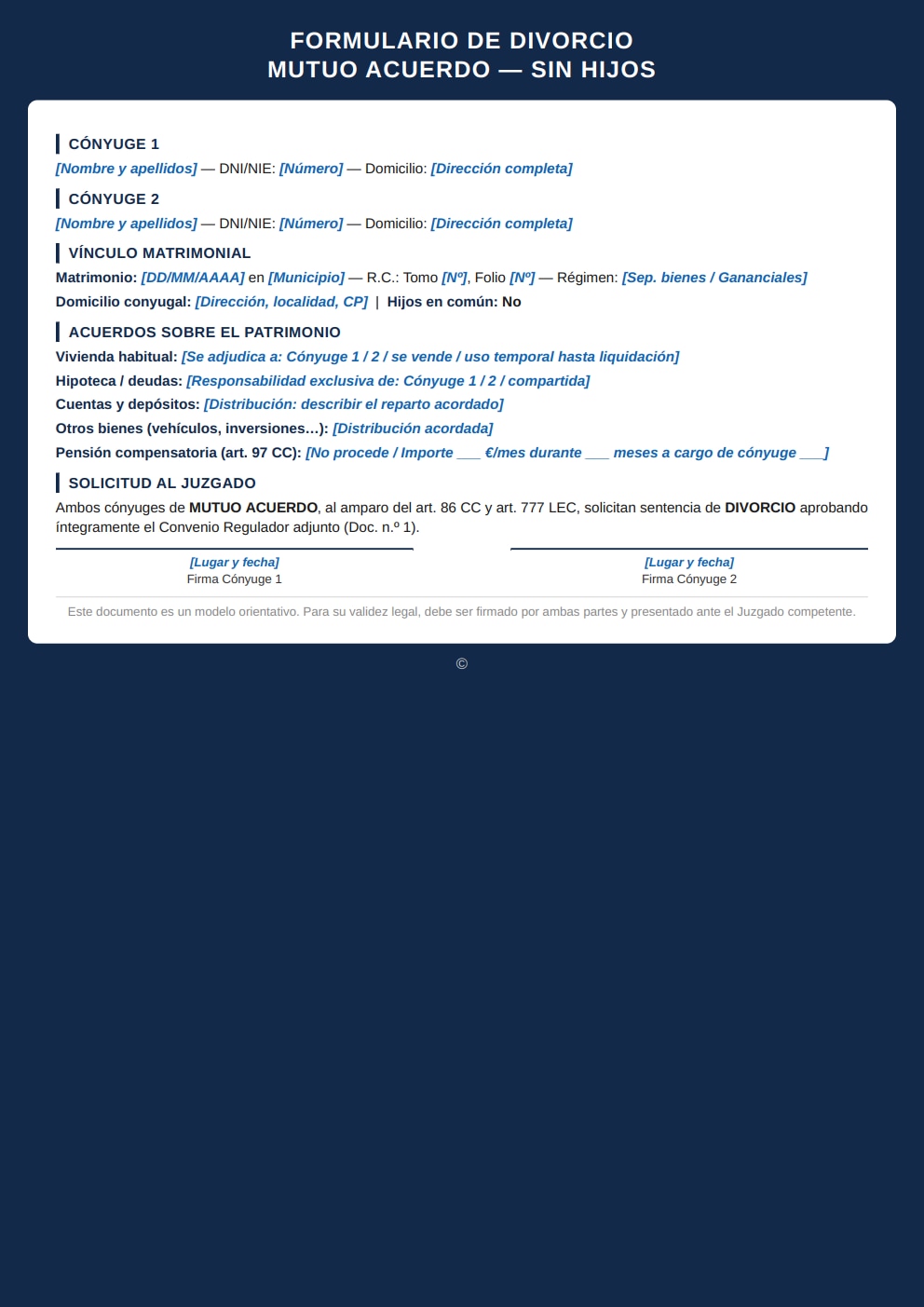 Modelo divorcio exprés sin hijos estilo moderno bicolor fondo azul marino PDF