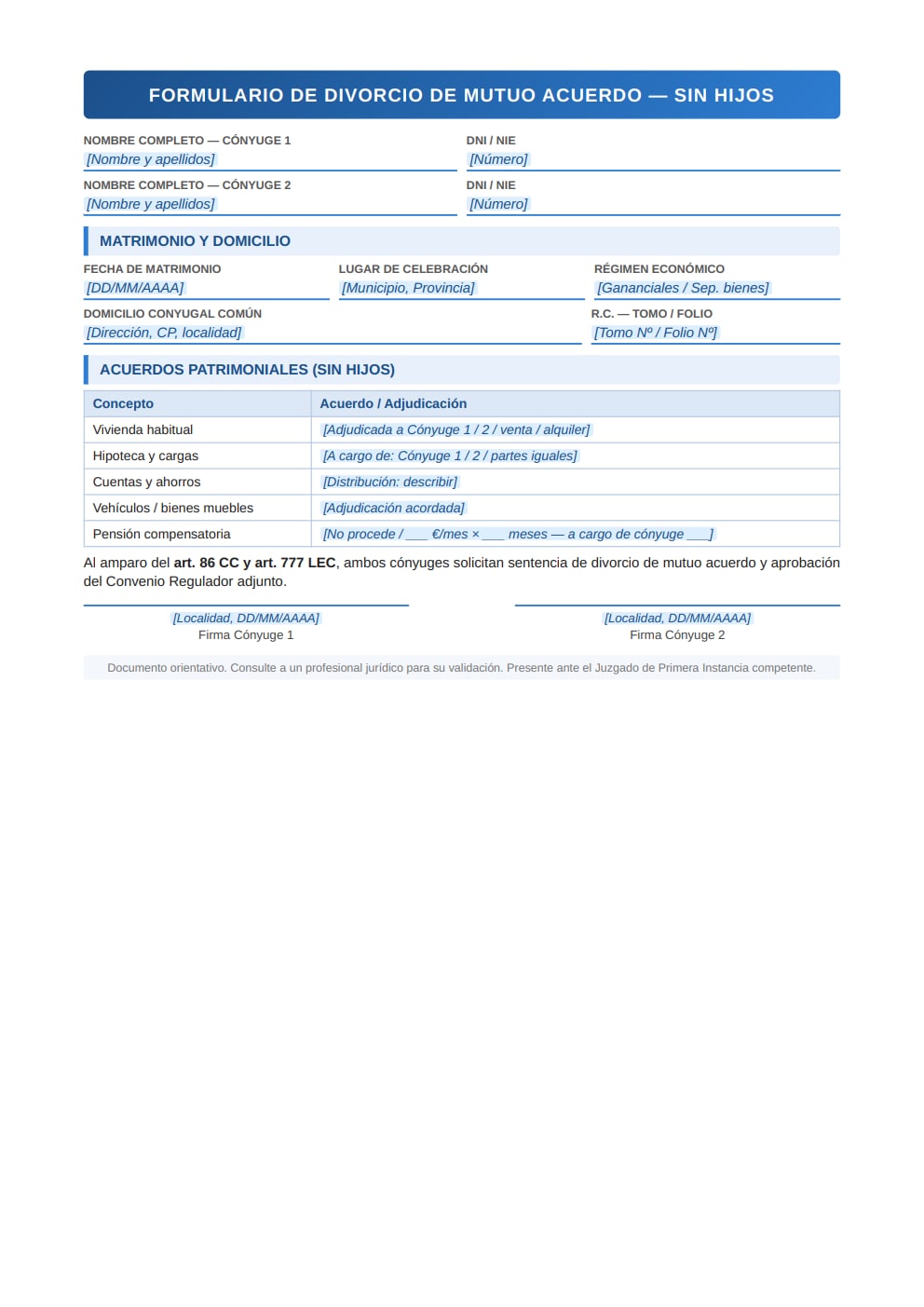 Documento divorcio mutuo acuerdo sin hijos tabla acuerdos patrimoniales PDF