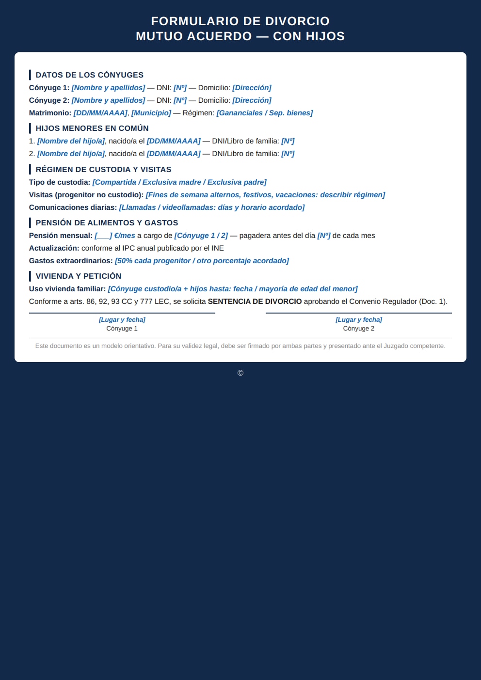 Papeles divorcio con hijos modelo moderno guarda custodia compartida régimen visitas PDF