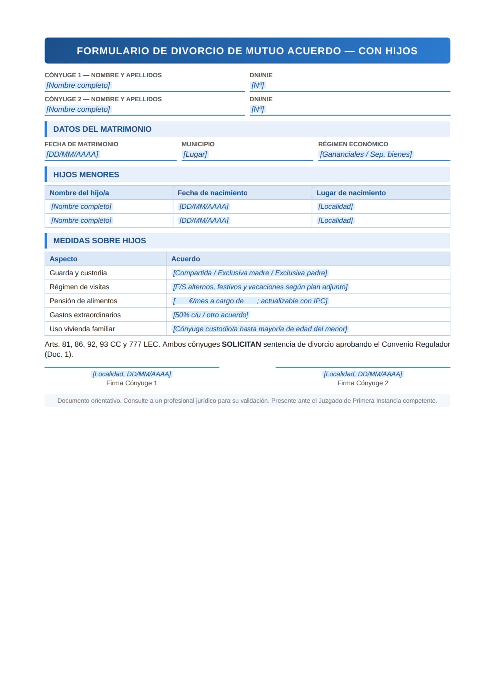 Formulario divorcio con hijos tabla medidas custodia pensión alimentos gastos extraordinarios PDF