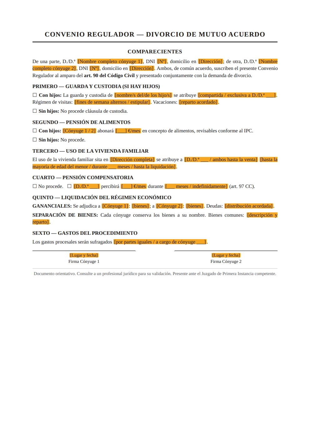 Plantilla convenio regulador divorcio mutuo acuerdo estilo clásico judicial cláusulas modulares PDF