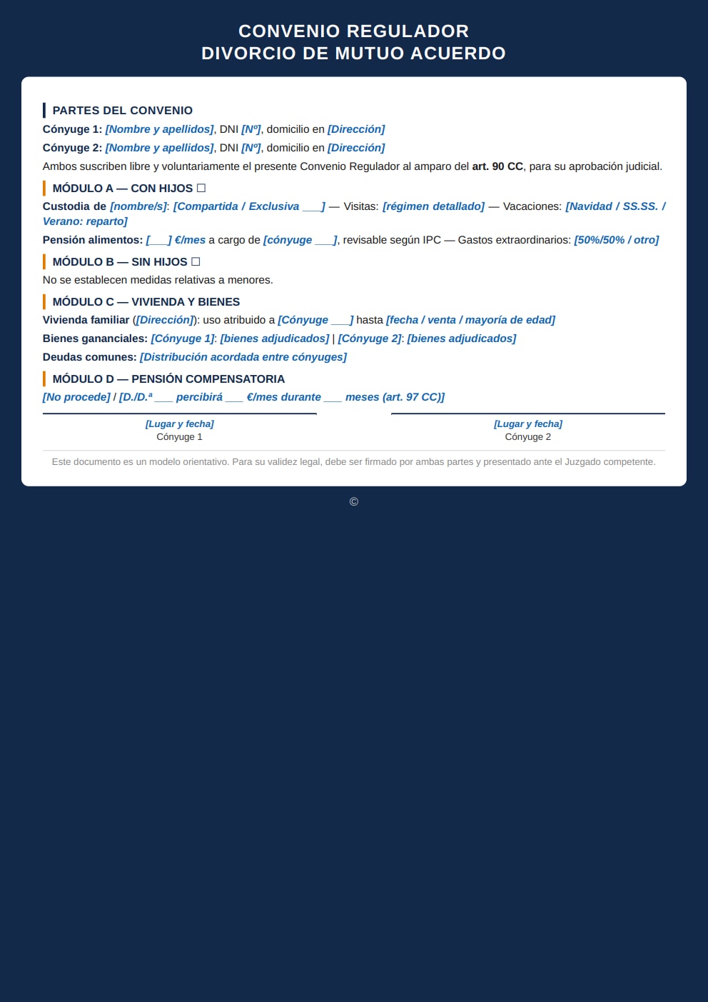 Modelo acuerdo divorcio convenio regulador módulos con hijos sin hijos separación bienes PDF
