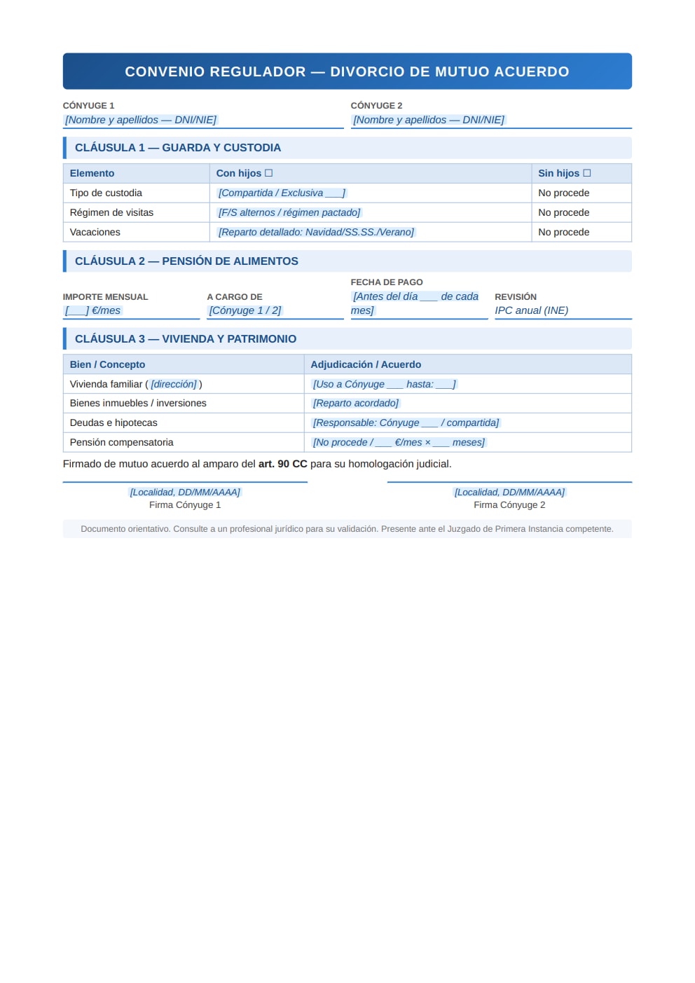 Plantilla separación mutuo acuerdo convenio regulador tabla cláusulas vivienda bienes PDF